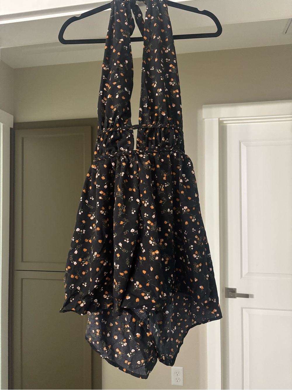 Floral Halter Ruffle Mini Dress in Black